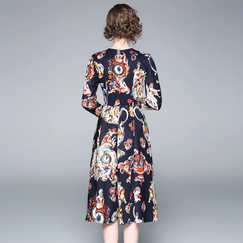 2019 дизайнерское подиумное платье с длинным рукавом круглым вырезом цветочной