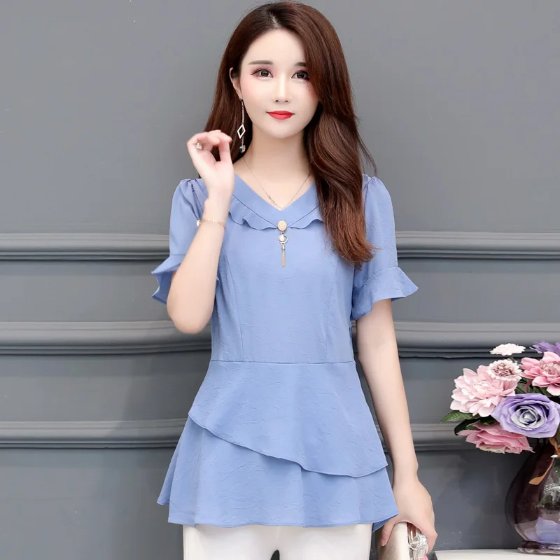 Шифоновая рубашка Блузки Женская туника-Пеплум Топ летний короткий рукав синий