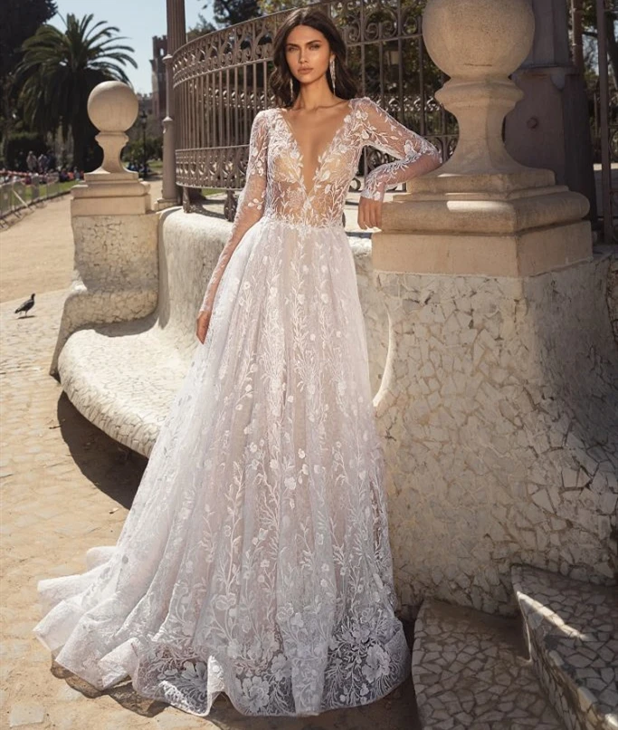 

Vestido de casamento/Новое свадебное платье с длинными рукавами и v-образным вырезом; кружевные свадебные платья; Robe de mariee