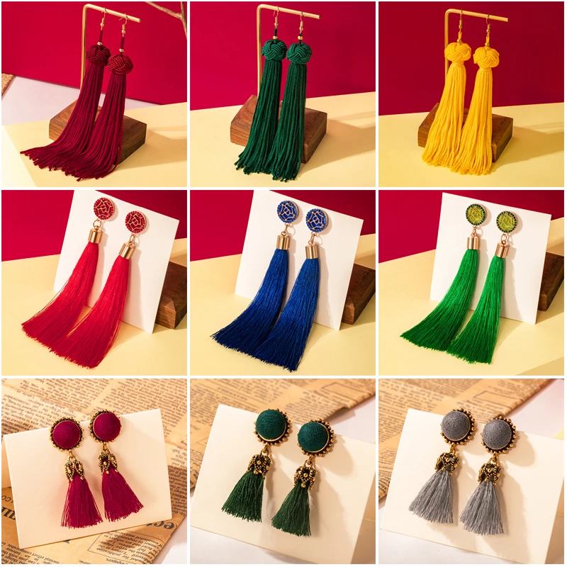 

VCORM Fashion Bohemia Crystal Long Tassel Drop Earrings For Women Geometric Red Silk Fringe Hanging Earring 2020 Brincos Jewelry