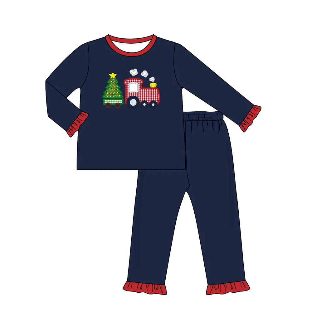 

Autumn Clothes Navy Blue Long Sleeves Top And Navy Blue Trousers Truck Pulling Christmas Tree Embroidery Girls Pajamas