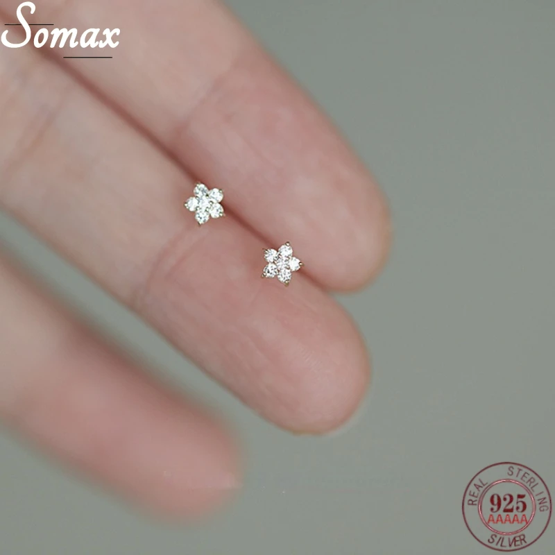 

925 Sterling Silver Star Full Diamond Mini Star Flower Stud Earrings Women Plating 14K Gold Simplicity Exquisite Jewelry Gift