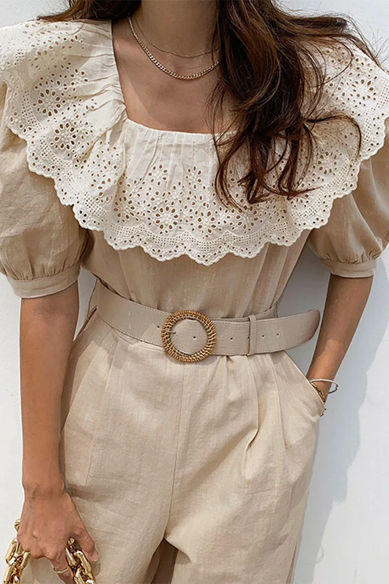 

Korejpaa Women Jumpsuits 2021 Summer Temperament Gentle Heavy Lace Stitching Square Neck Tie Waist Puff Sleeve Straight Jumpsuit