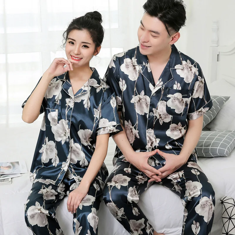 Summer lovers pajamas women ice silk short sleeve trousers thin style suit cardigan men silk large size home wear