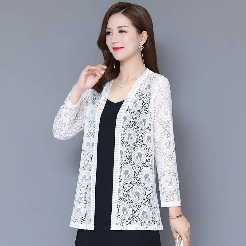 

White Thin Cardigan Women Long Sleeve Jumper Tops V Neck Harajuku Basic Sweater Lace Oversize Fashion All-match Spring Daily