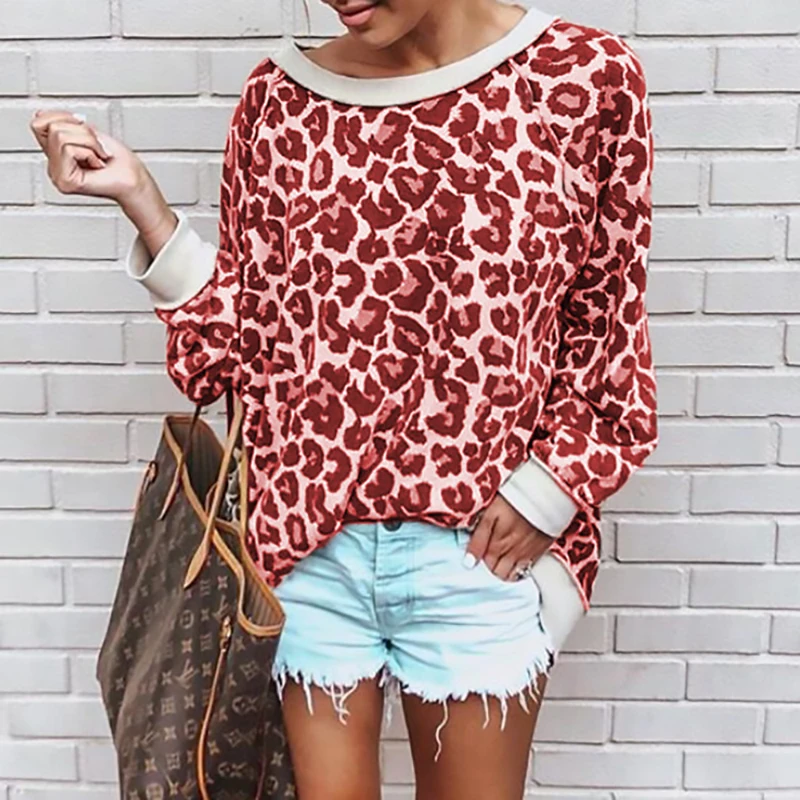 

Женский пуловер с леопардовым принтом, с круглым вырезом и длинным рукавом