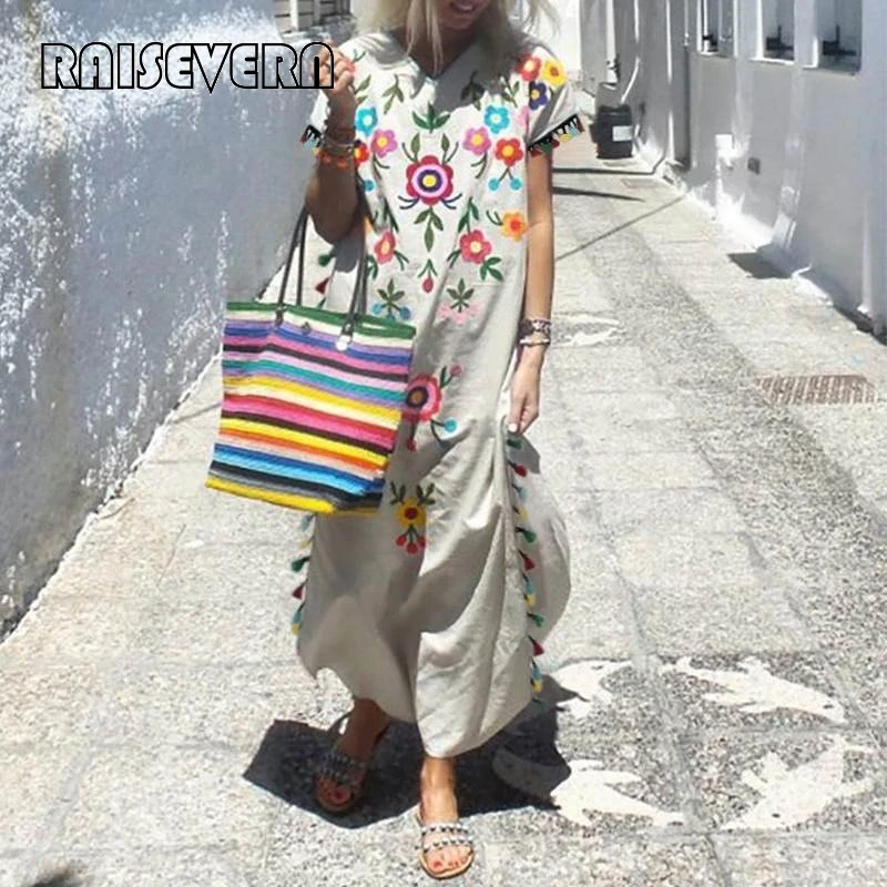 Свободное длинное женское пляжное бохо платье с цветочным принтом коротким