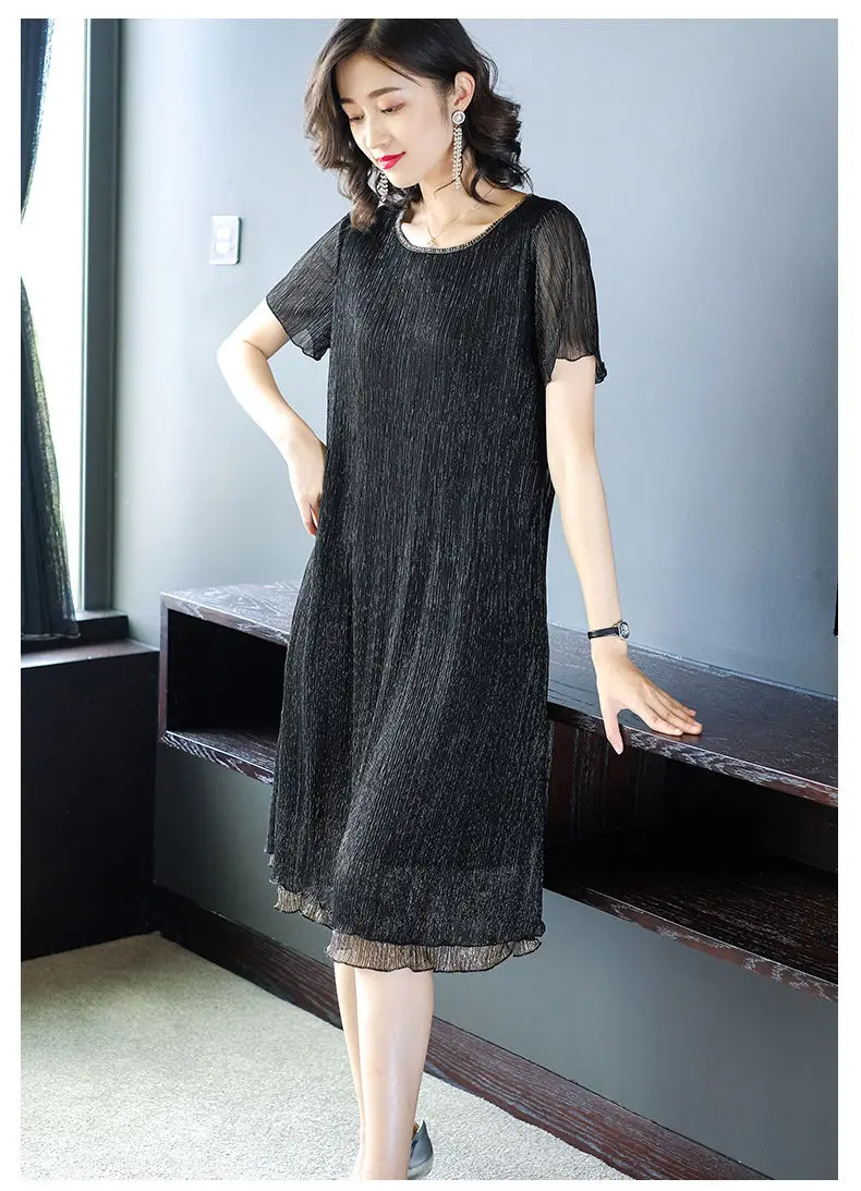 

2021 New Women Summer Casual Dress Lady Korean Bright Silk Vintage Mesh Chiffon Dress Short Sleeve Dress A-Line Vestidos B152