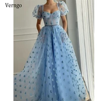 verngo elegant blue tulle with heart pattern long prom dresses puff short sleeves sweetheart ribbon sash 2021 evening gowns