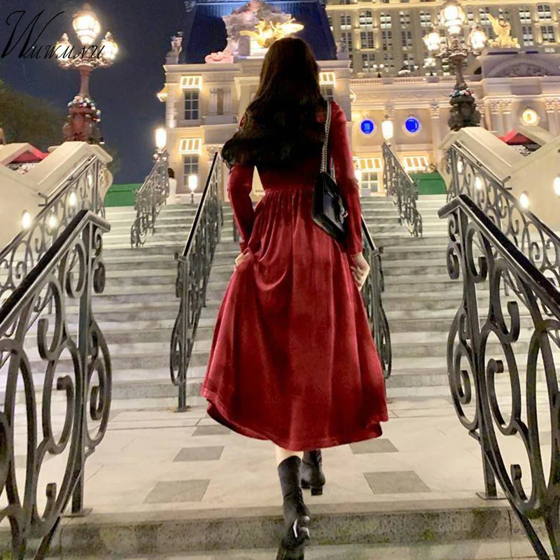 В винтажном стиле Цвет красный черный утепленное бархатное платье Мода для