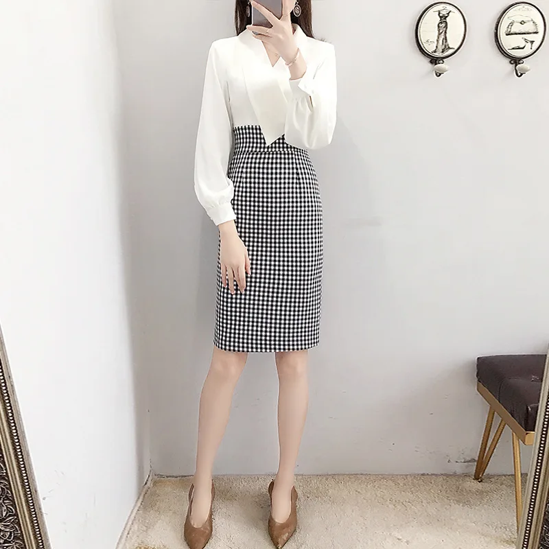 

Autumn 2019 nian New Style Women's Clothing Ol Commuter Business Dress Plaid Panel Sheath Dress Mid-length Elegant