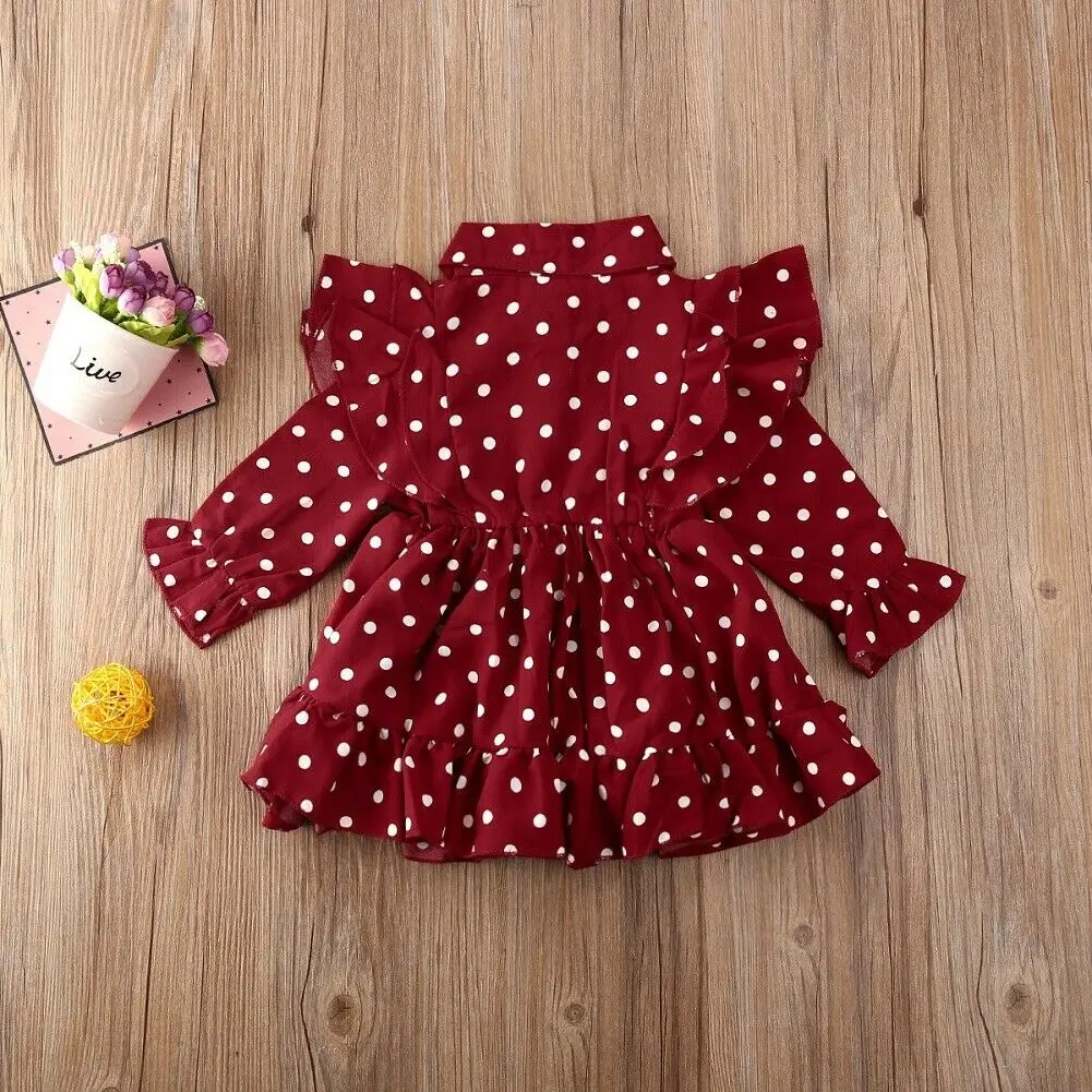 1-7Y Toddler Baby Girls Dress Clothes Princess Long Sleeve Ruffle Swing Dot Print Casual Outfits | Детская одежда и обувь