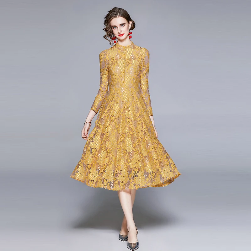 

2021 Newest Spring Summer Fashion Hight Quality Women'S Dress Holiday Party Elegant Vintage Flowers Embroidery Lace Midi Dress