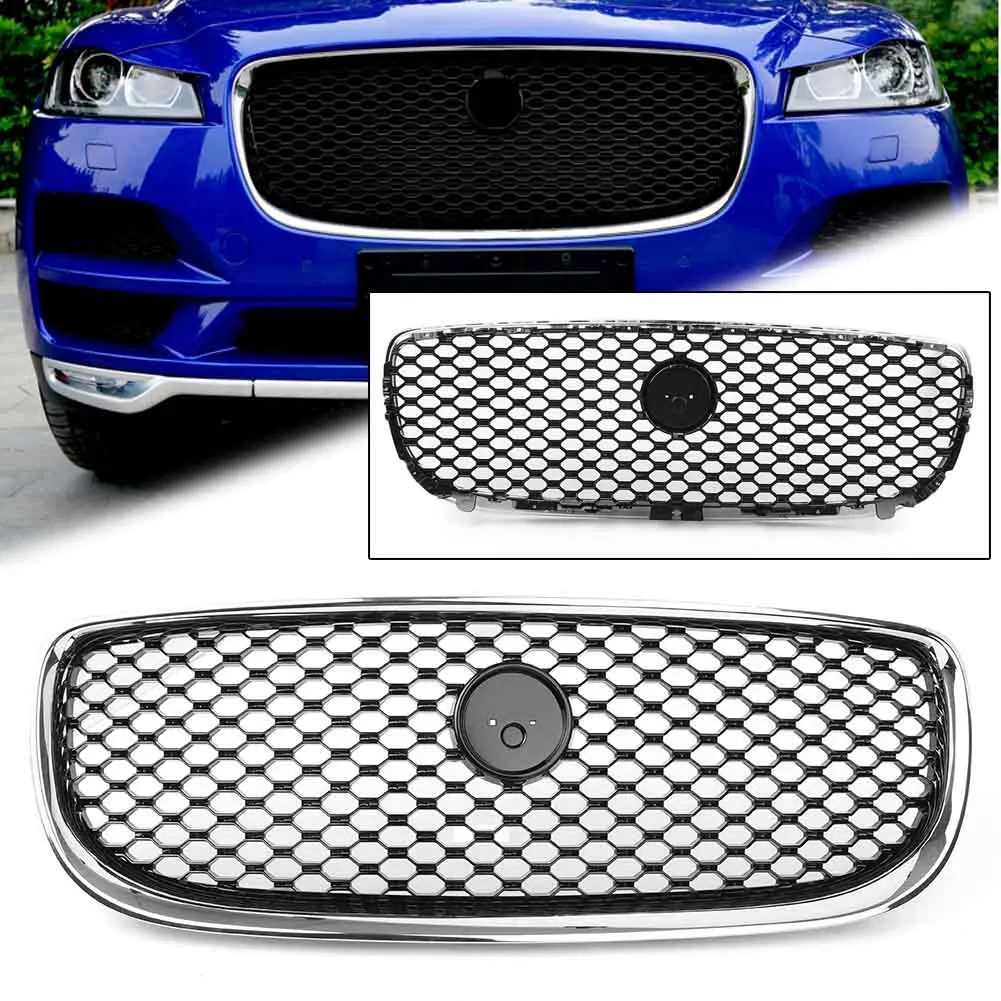 

Auto Car Front Center Racing Grills Grille Radiator Upper Mesh Grill w/ Emblem For Jaguar XE 2015 2016 2017 2018 Black Chrome