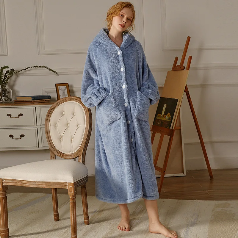 

Wasteheart Winter Fashion Blue Sexy Female Robe Lingerie Sleepwear Flannel Luxury Nightwear Woven Bathrobe Keep Warm Homewear