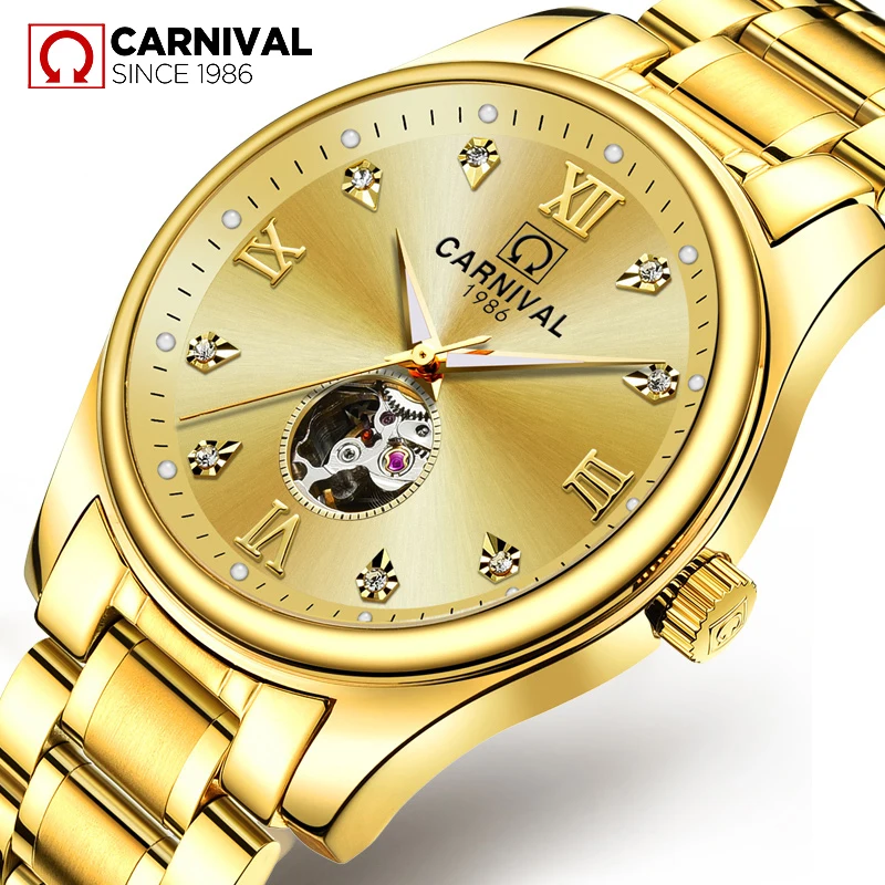 CARNIVAL Brand Luxury Gold Automatic Business Watch Men Waterproof Fashion Hollow Mechanical Wristwatch Clock Relogio Masculino