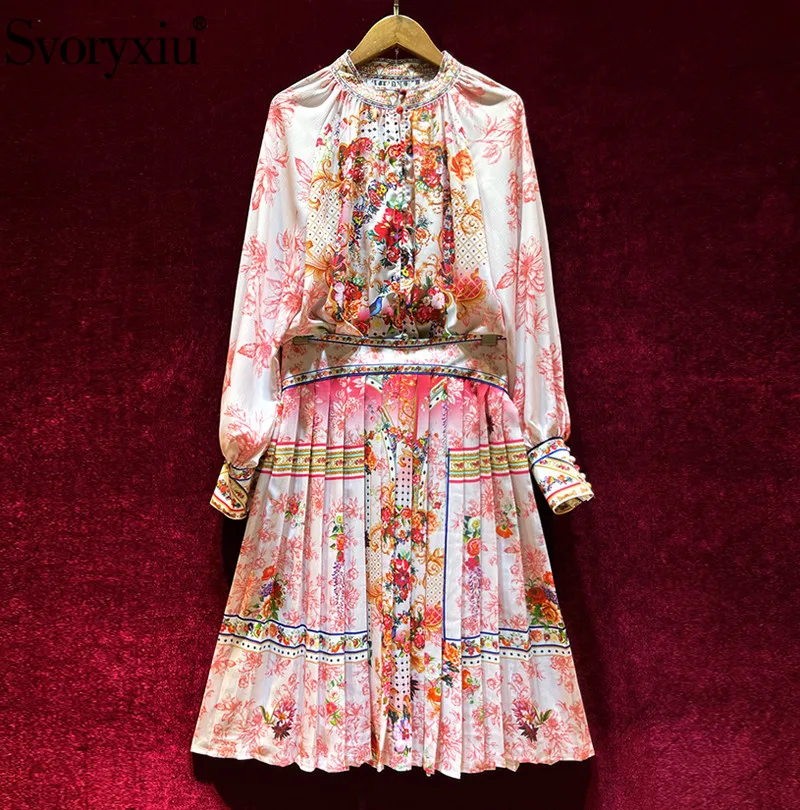 

Svoryxiu 2021 Designer Autumn Fashion Skirt Suit Women's Long Sleeve Hot Drilling Flower Print Blouse + Pleated Skirt Twinset