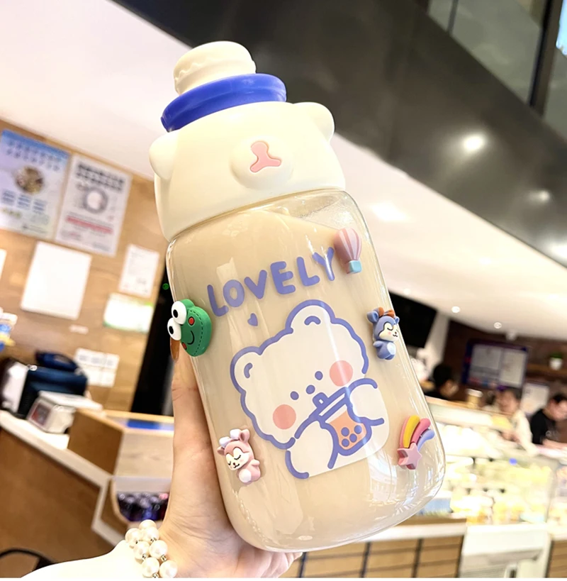Kawaii Большой медведь бутылка для воды с наклейкой на трубочку спортивный