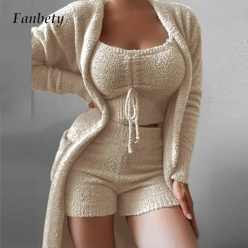 

Женский модный теплый флисовый Мягкий Топ на бретельках и шорты с высокой талией, наряды, женская элегантная Домашняя одежда, повседневные ...