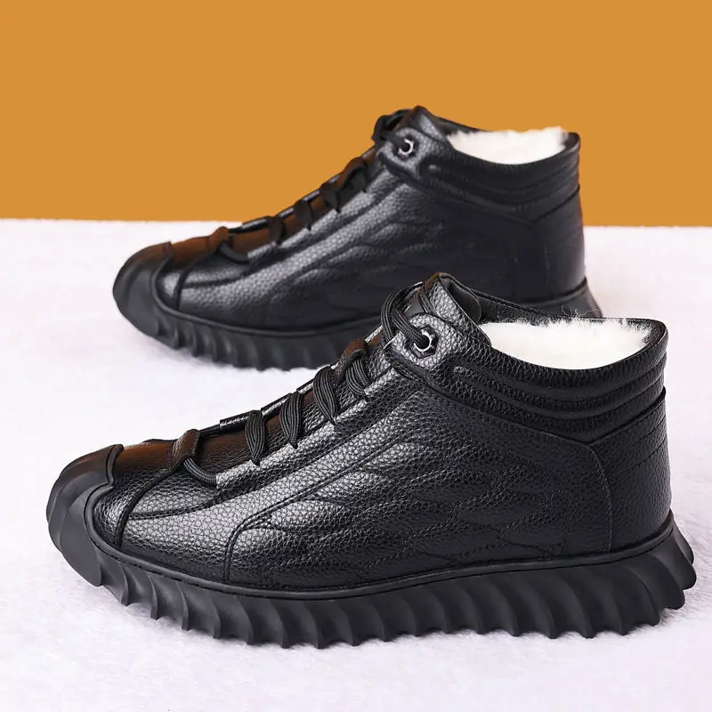 

Men Snow Boots Men Wool Shoes Sheepskin PU Lace Waterproof and Nonslip Increase Flat Solid Color Keep Warm Casual Boots