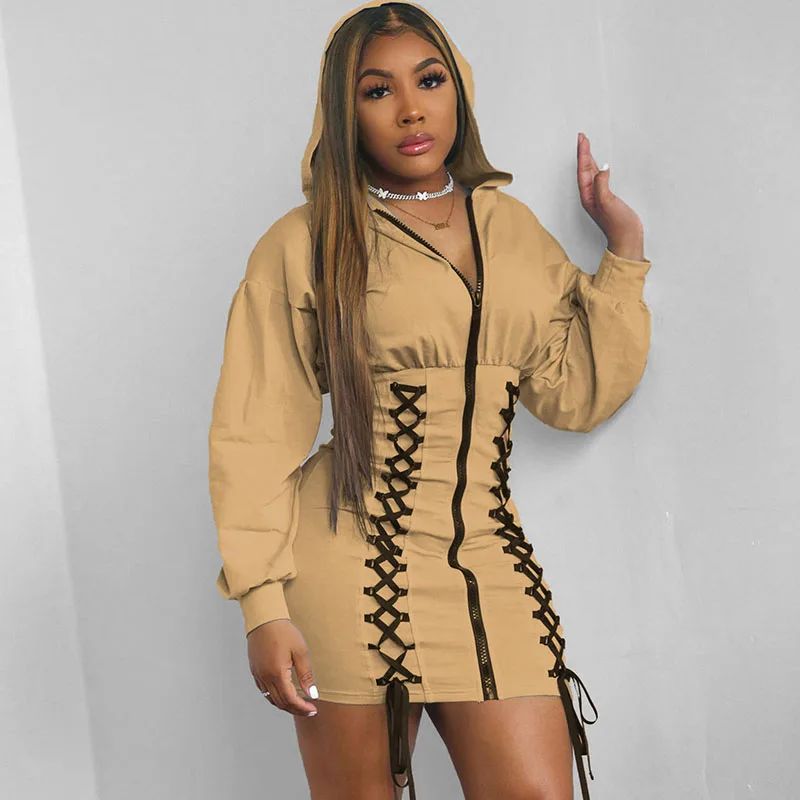 

Streetwear Lace-up Zipper Hooded Dress Women Hoodies Casual Long Sleeve Bodycon Mini Dress Club Party Dresses Roupas Femininas