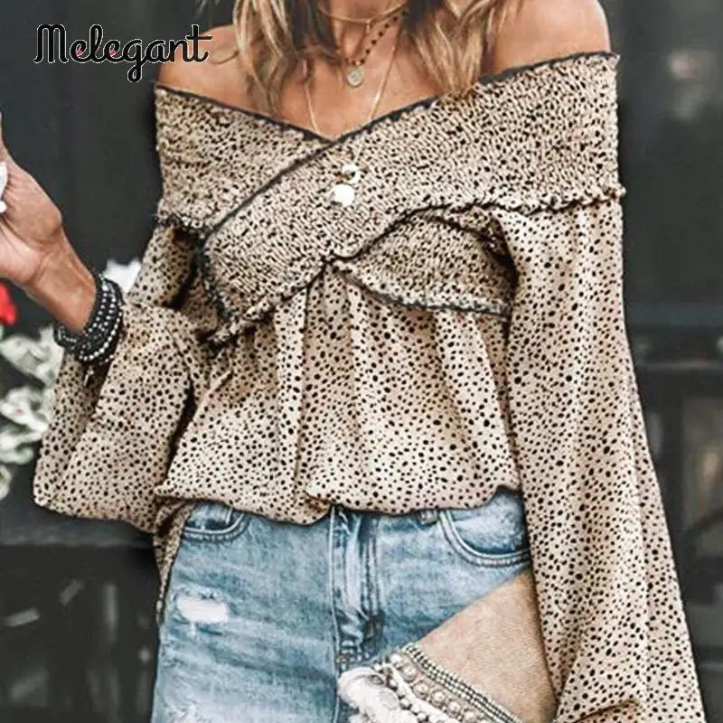 Melegant Sexy Off Shoulder Leopard Shirt Winter Female Flare Sleeve Fashion Women Tops and Blouses Plus Size Ladies blouse Mujer | Женская