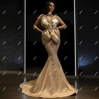 chic champagne mermaid evening dresses long sparkly beaded formal dress party prom robe de soiree celebrity vestidos fiesta