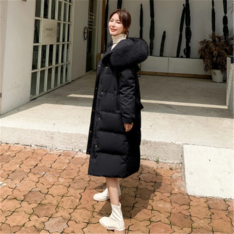 Big Fox Fur Collar Women Down Cotton Coat With Belt Winter Slim Long Coats Female Real Fur White Duck Coat Fashion Down Parkas
