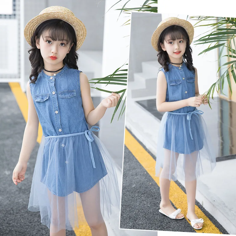New Girls Dresses in Kids Summer 2019 Solid Blue Jeans Clothes Cotton Sleeveless Party Dress Baby Children Clothing 3-14T | Детская