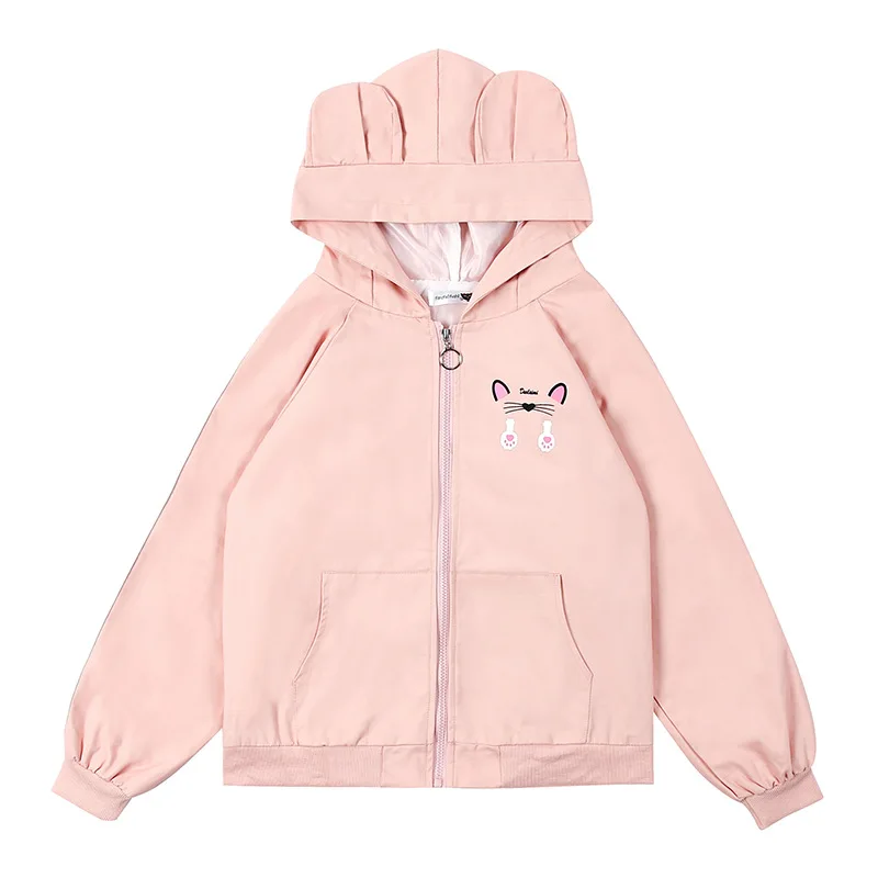 

Women's Spring Kawaii Cute Jacket Autumn Short Coat Hooded Black Outerwear Windbreaker Korean Style Fashion College Clothing