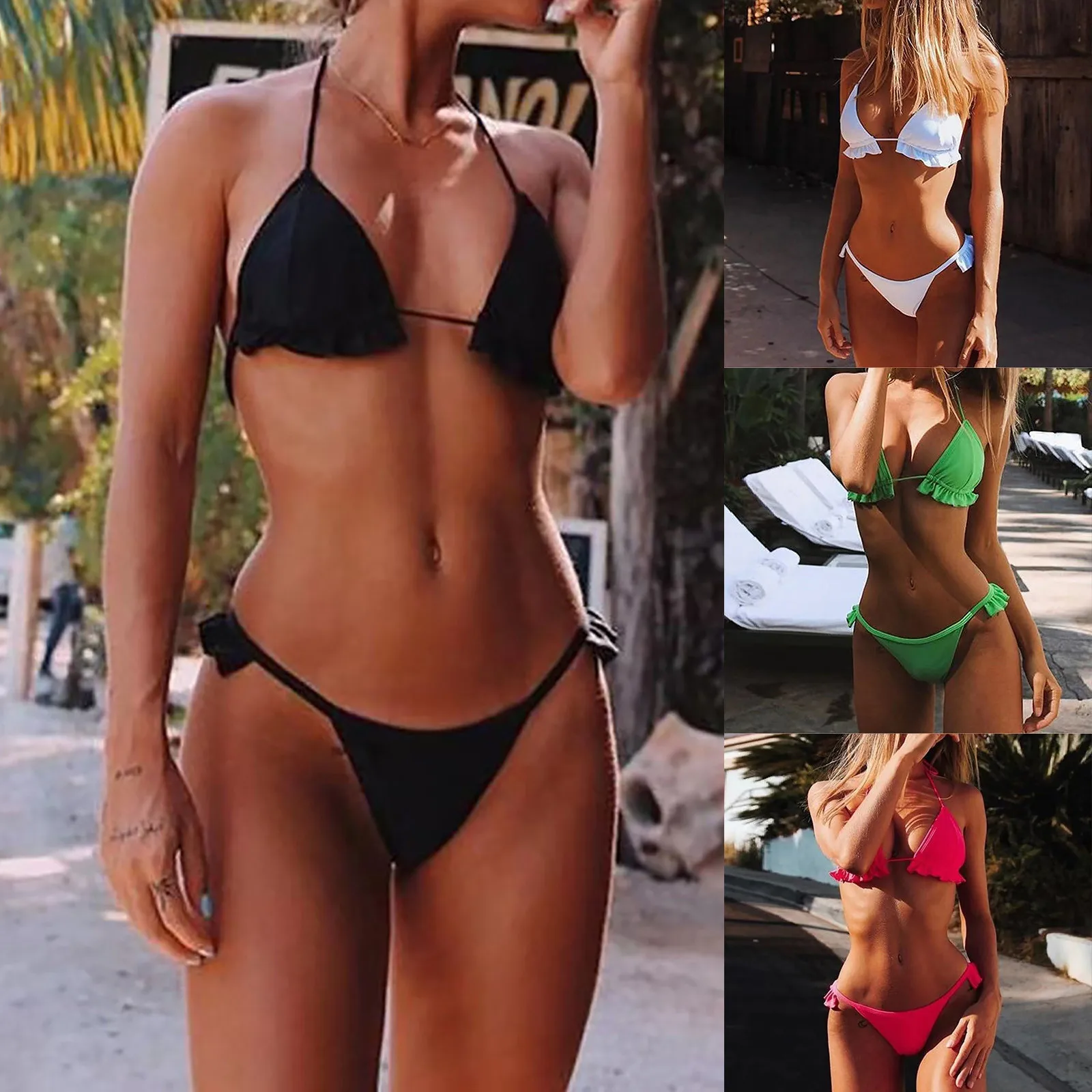 

Для женщин однотонные Цвет Высокая Талия Классический гофрированный сексуальный раздельный купальник бикини с высоким вырезом на шнуровк...