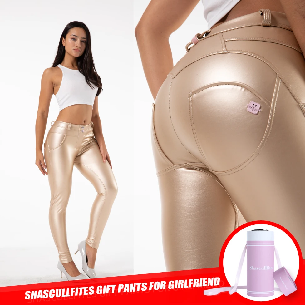 

Shascullfites Push Up Gold Leather Pants Faux Leather Pants Women Warm Pull Up Stretch Leggings For Winter