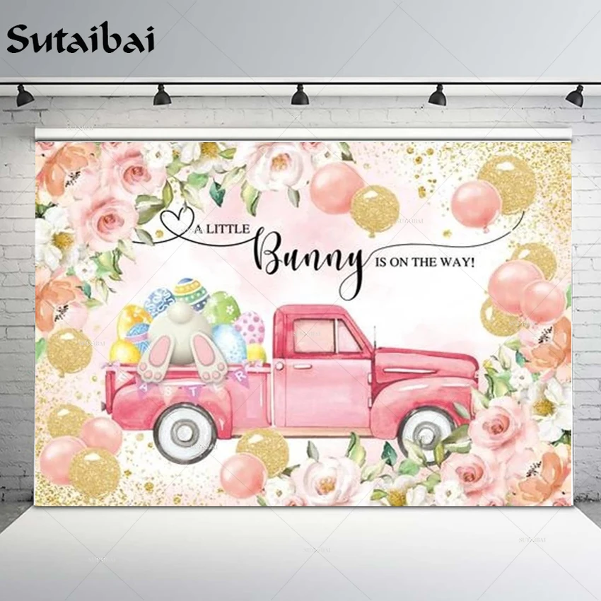 

Pink Truck Baby Shower Girl Birthday Party Easter Backdrop Bunny Gold Balloon Floral Spring Newborn Photophone Photo Background
