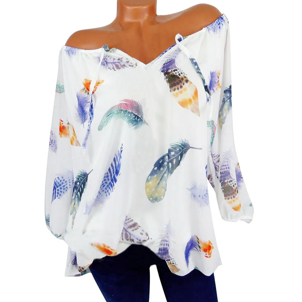 

Women Summer 2019 Tshirt Casual Tops Tees Sexy Off Shoulder Feather Print T-Shirt Loose Plus Size S-5XL Shirts W5.8