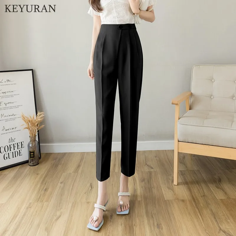 

2021 New Spring Summer Korean OL Style Women Formal Harem Pants Pockets High Waist Elegant Office Lady Ankle-Length Pants White