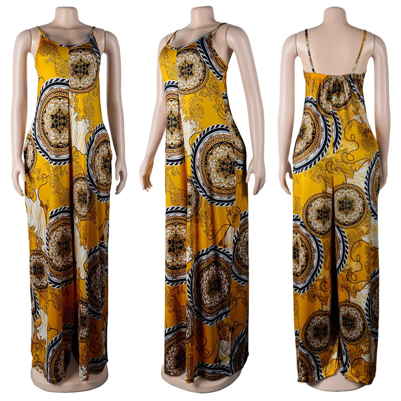

Women New Sleeveless Spaghetti Stap Print Wide Leg Jumpsuits Summer Fashion Oversize Long Rompers Comfy Loose Casual Jumpsuit