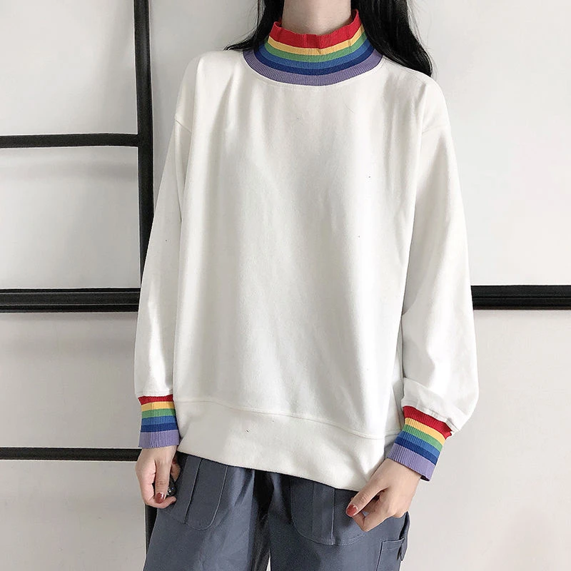 

2021 New Bottoming Sweatshirt Female Half-high Collar Korean Students Pure White Striped Long-sleeved Outfits Pullover Warm Top