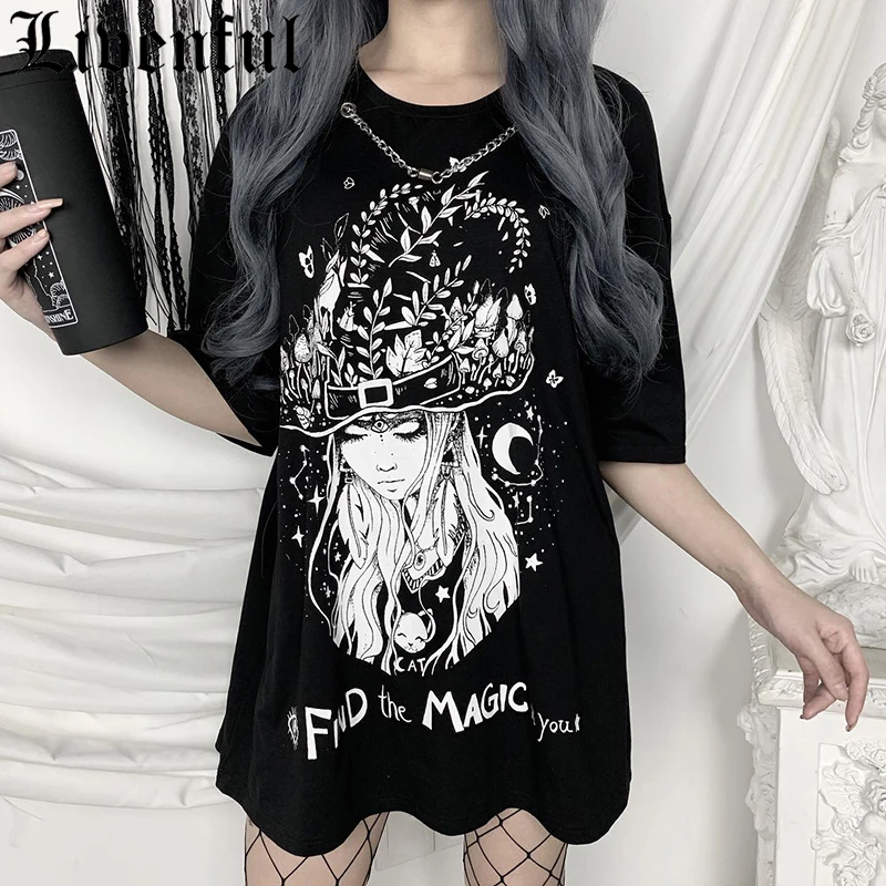 

Женская футболка с коротким рукавом Goth размера плюс, футболка в стиле хип-хоп, панк-рок, с принтом волшебства, эмо, E-girl, в стиле Харадзюку, ули...