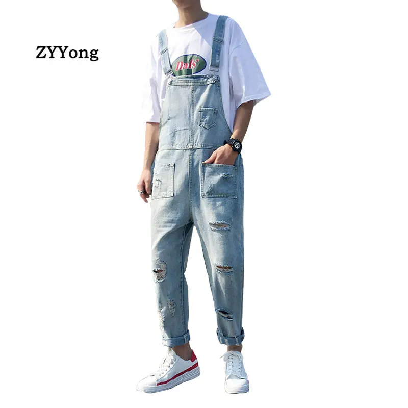 Ripped Men Jeans Bib Overalls Ankle Length  Multi-Pocket Hip Hop Hole Denim Jumpsuits Trousers Leisure Tattered Freight Pants