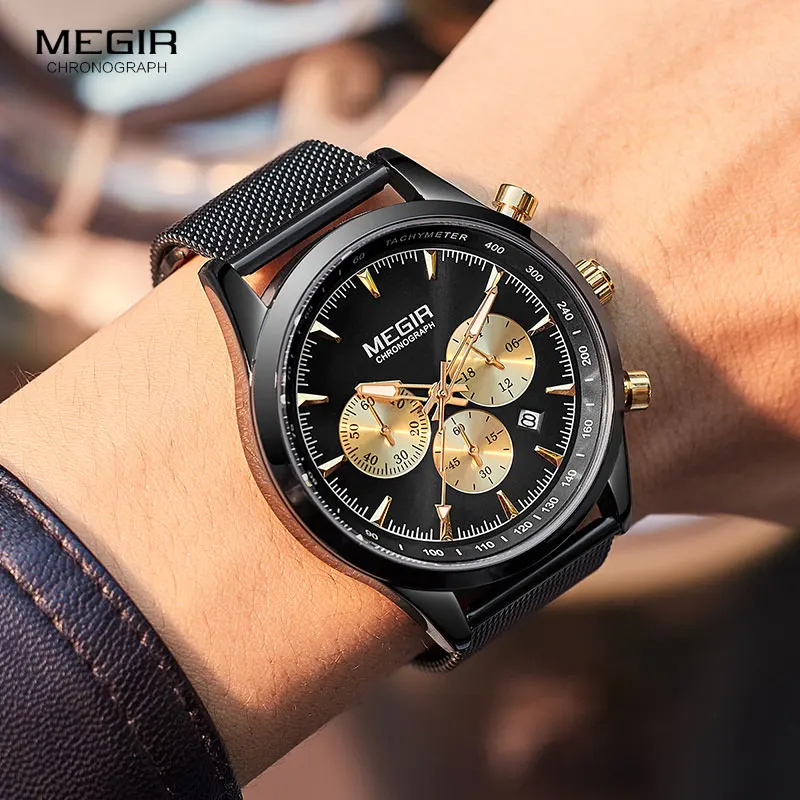 2019New MEGIR повседневные роскошные часы с сетчатым ремешком Модные Кварцевые