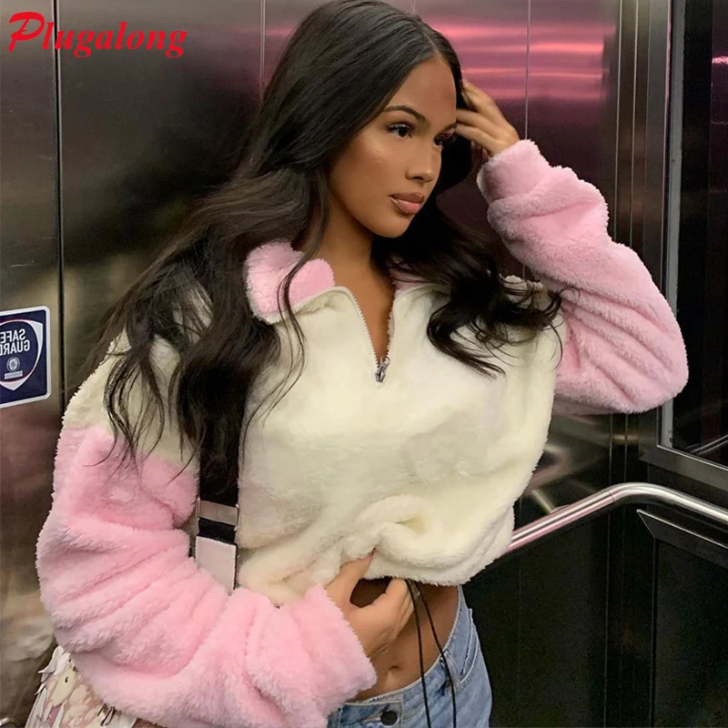 Женский пушистый Укороченный свитшот Plugalong зимняя Толстовка большого размера в