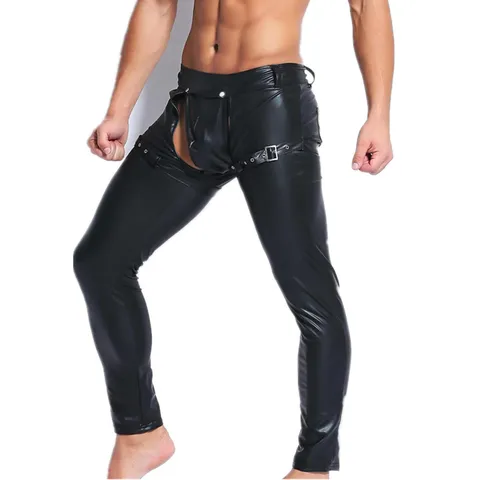 Брюки мужские из искусственной кожи в готическом стиле, штаны из ПВХ для вечевечерние, сценического танца, Клубная одежда, длинные брюки с открытыми спереди, спортивные штаны