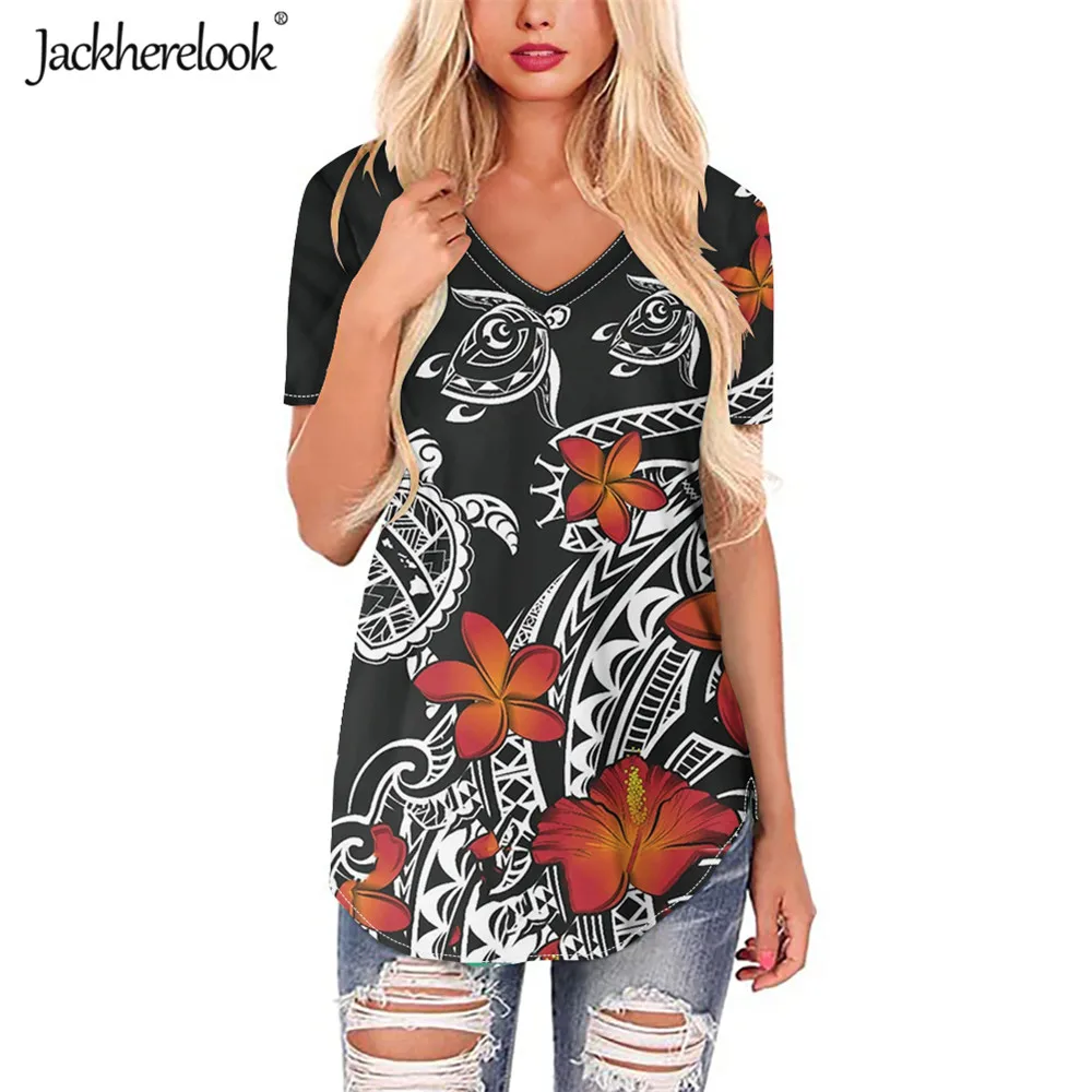

Jackherelook Black Tops Shirts Polynesian Tribal Hawaii Turtle Hibiscus Brand Design Plus Size Short Sleeve Blouse Clothes Mujer