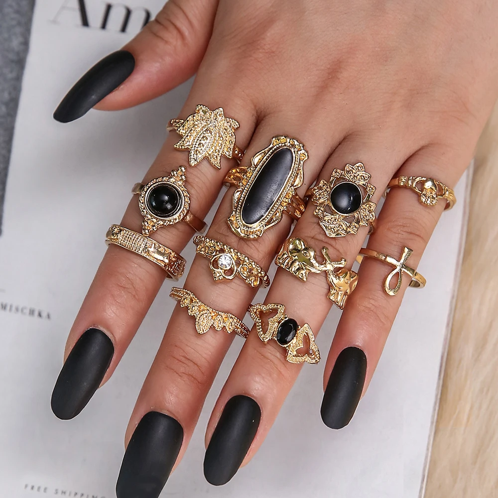 

11 Pcs/Set Vintage Medieval Black Stone Rings For Women Boho Elephant Oval Massive Finger Individual Ring Fashion New Jewelry
