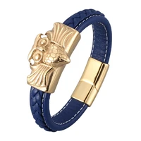 new classic blue leather men bracelet owl shape gold stainless steel male wristband accessories hand woven jewelry gifts pd0920