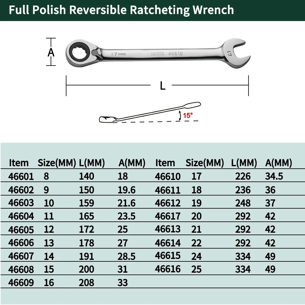 SATA Полный полированный Реверсивный Трещоточный ключ гаечный ручной инструмент
