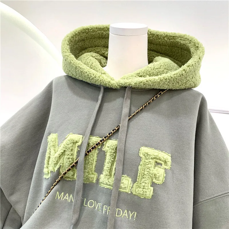 

Fashion Patchwork Hoodies Autumn Letter Print Hooded Lamb Wool Women Sweatshirt Korean Style Thick Winter Oversized Hoodies