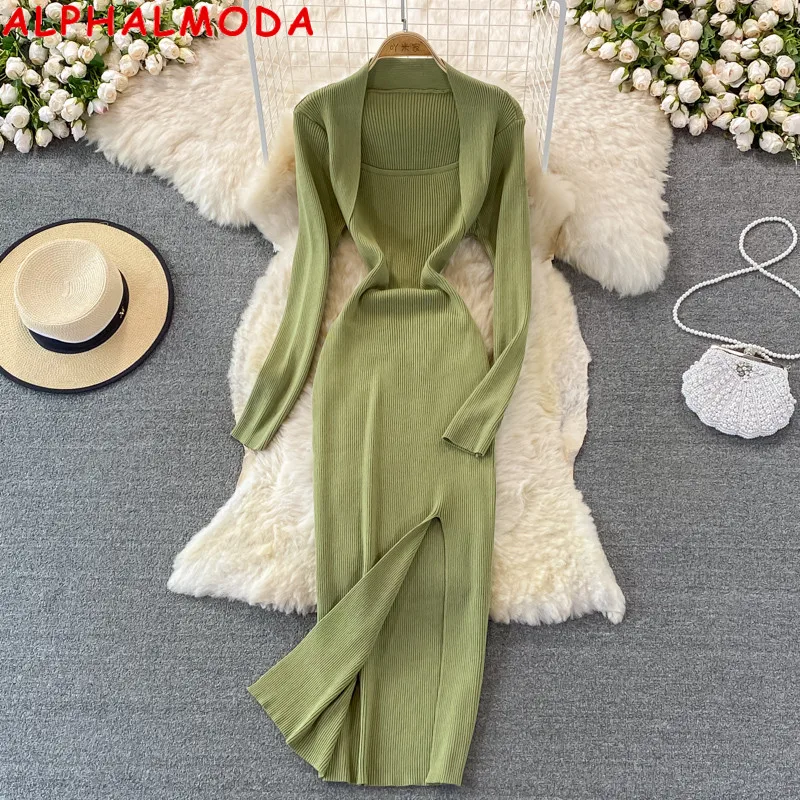 

ALPHALMODA 2021 New Sexy Knitted Elastic Tight Split Knitted Dress French Retro Square Neck Faux 2pcs Sweater Dress