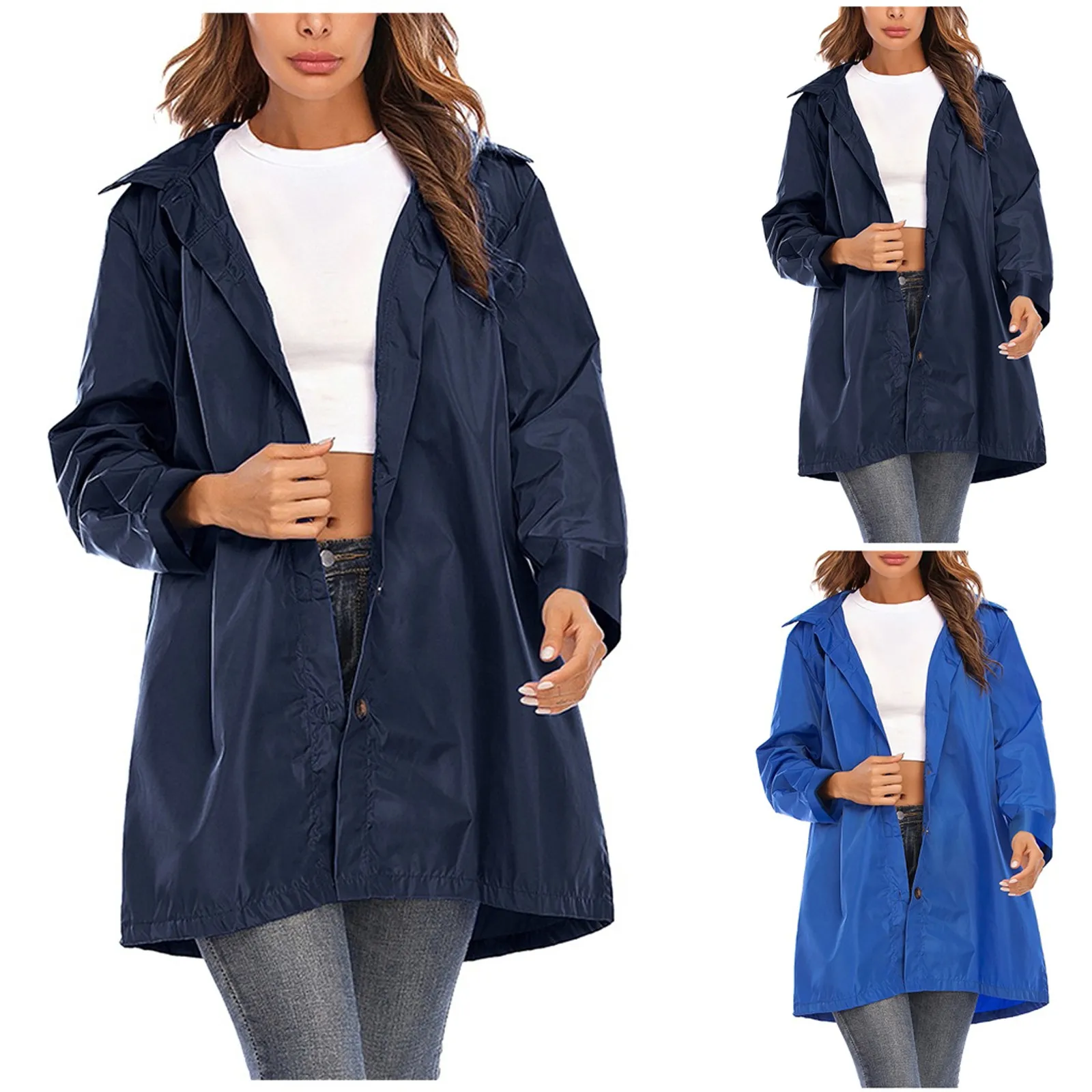 

Fashion Women Long Sleeve Hooded Waterproof Zipper Solid Colors Windproof Waterproof Loose Raincoat Jackets Chaquetas Mujer#g3