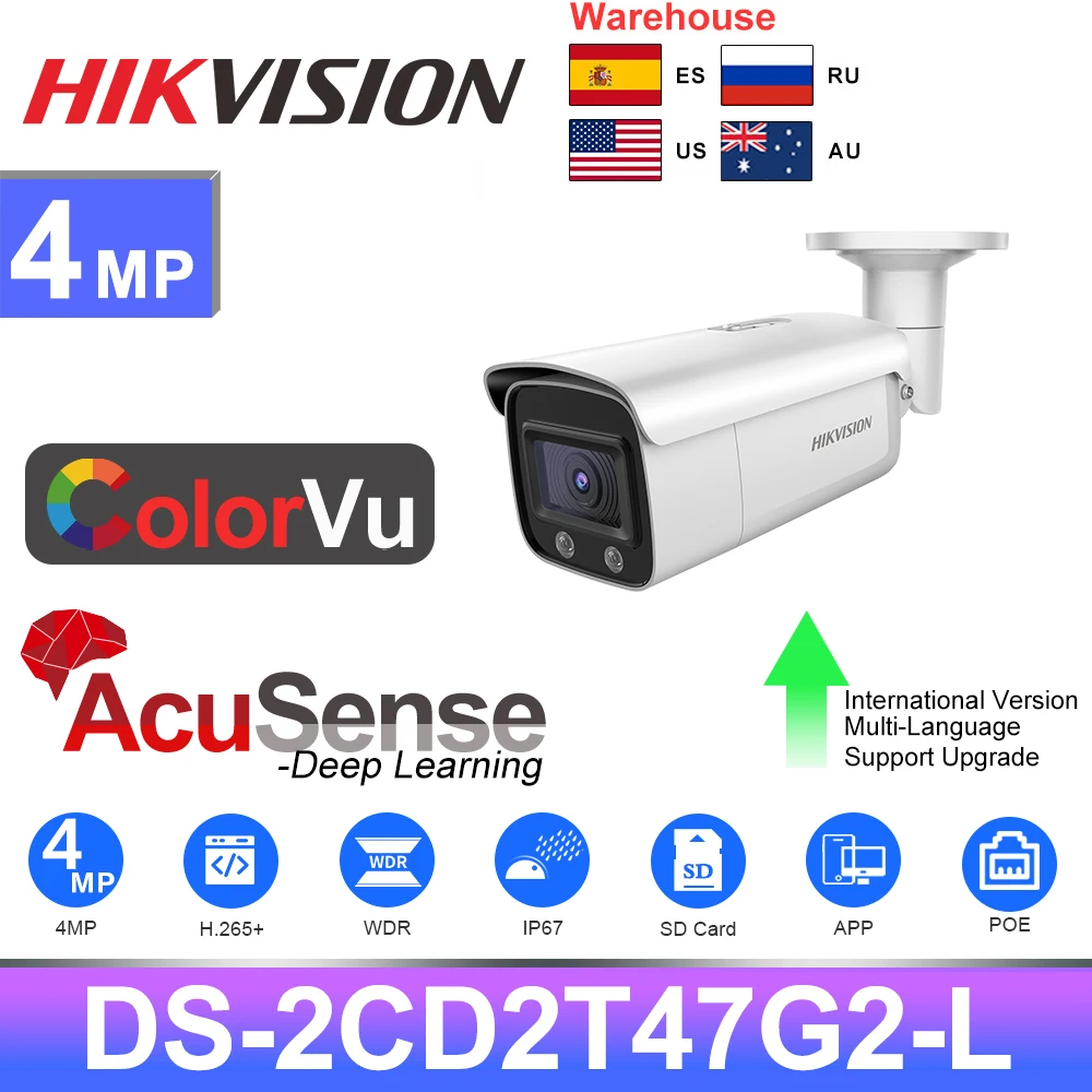 

Камера Hikvision, 4 МП, DS-2CD2T47G2-L HD PoE AcuSense ColorVu Bullet, защита дома, наружная камера безопасности, APP, красочная ночь